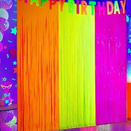 Miytal Glow in The Dark Party Supplies – 3 Pack Neon Fringe Curtains 9.9 x 6.6 ft, UV Reactive Fluorescent Tinsel Backdrop (Macaron Orange, Yellow, Fuchsia) for Birthday, Party, Photo Booth Decor