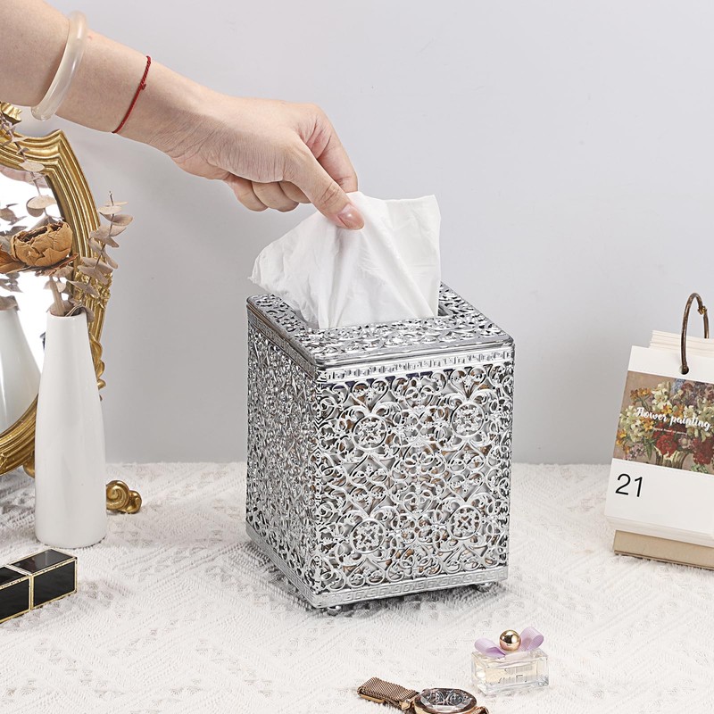 Sumnacon Tissue Box Cover Square Tissue Box with Lid, Metal