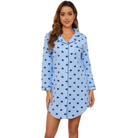 CHUNG Women Flannel Sleepshirt Cotton Nightshirt Plaid Sleepwear Thick Button Down Longsleeve Pajamas Sleepdress,XL,BlueHeart