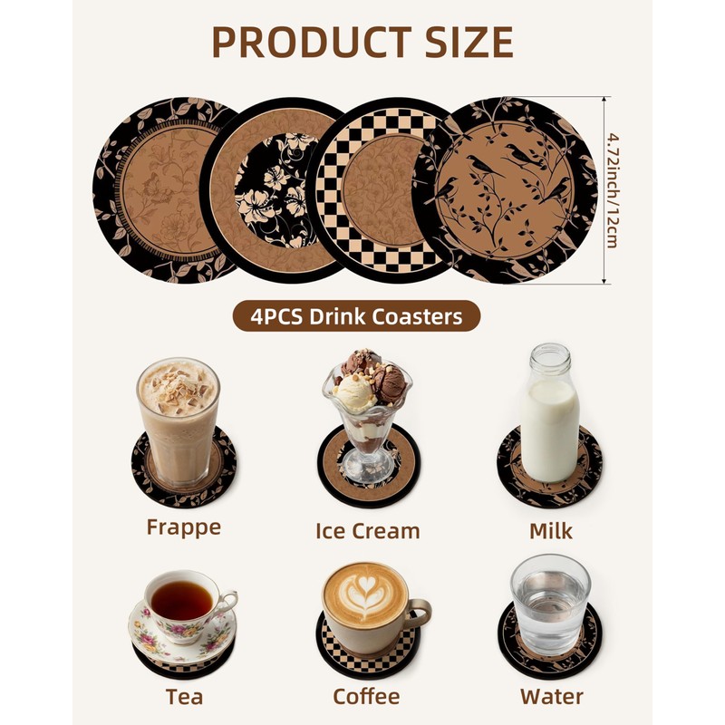 Drink Coasters Set of 4, 4.7x4.7 inch Cute Absorbent Felt