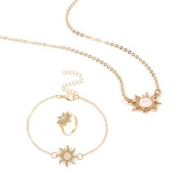 Dopamine Opal Sun Necklace Bracelet with Ring Set Shining Crystal Sunflower Pendant Jewelry Set 3pcs Sun Flower Jewelry (G)