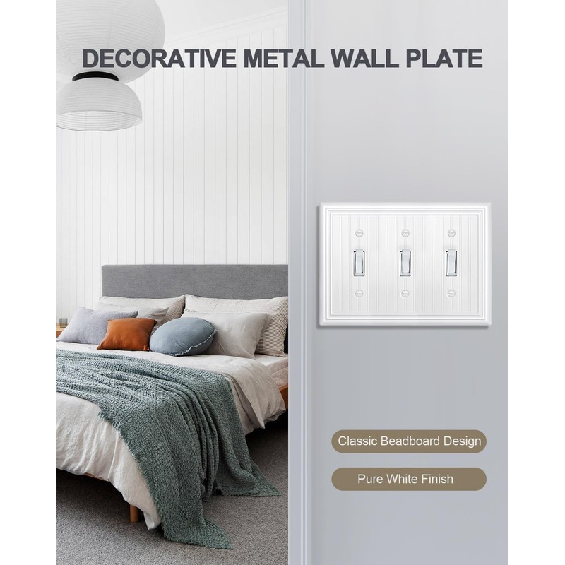 ZILLSEA 2-Pack Pure White Triple Toggle Light Switch Covers, Metal