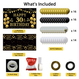 Trgowaul 30th Birthday Decorations Women Men - Black Gold Happy 30th Birthday Banner, 2 Pcs Birthday Tablecloth, 60 Pcs Latex Confetti Balloons, 30 Years Old Bday Party Supplies Gifts Ideas Him Her