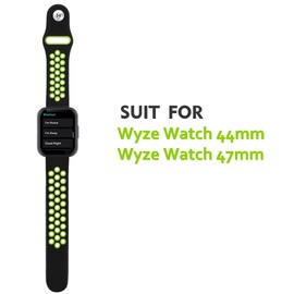Qunions Sport Bands for Wyze Watch, Quick Release Silicone Waterproof Breathable Soft Replacement Strap for Wyze Watch 44mm 47mm Women Men, (Black/Green)