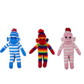 Made By Aliens Adorable Sock Monkey Stuffed Animal - Pack of 3 - The Original Traditional Hand Knitted Plush Toy - Gift for Kids, Girls Boys Doll Present Puppet (16" Blue, Pink, Rainbow)