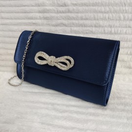 Satin Diamante Bow Style Bridal Prom Wedding Evening Clutch Party Purse Hand Bag (Navy Blue)