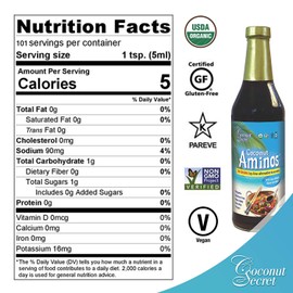 Coconut Secret Coconut Aminos - 16.9 fl oz - Low Sodium Soy Sauce Alternative, Low-Glycemic - Organic, Vegan, Non-GMO, Gluten-Free, Kosher - Keto, Paleo - 101 Total Servings
