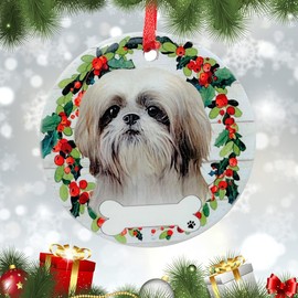White Shih Tzu Ornament - E&S Pets - DIY Personalizable - Dog Gifts - Ceramic Round Ornament with Glazed Finish - X-mas Decoration - Christmas Ornaments Craft Gifts - Ornaments for Pet Lovers