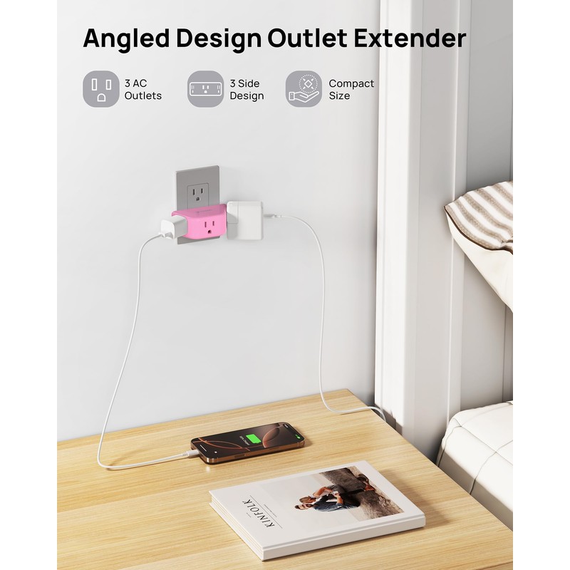 TROND Pink Outlet Extender - Multi Plug Outlet with 3-Prong