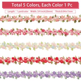 GORGECRAFT 5 Colors Flower Trim Ribbon Floral DIY Lace Applique Sewing Craft Rose Lace Edge Trim Decorating Embroidered Polyester for Wedding Dresses Embellishment DIY Party Decor Clothes, 5 Yards