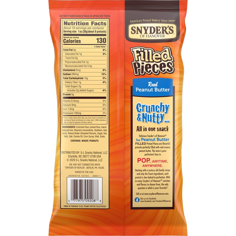 Snyder's Of Hanover Filled Pretzels, Peanut Butter, 10 Ounce (Pack
