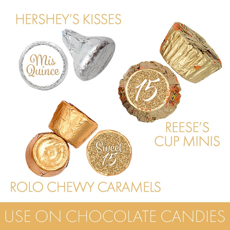 White and Gold Quinceañera Chocolate Kisses Party Favor Stickers, Mis
