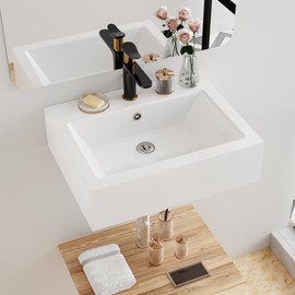 Floating Bathroom Vessel Sink Wall Mount, Hugsleek 20 x 16 inch Rectangle White Porcelain Ceramic Vessel Sink Wall Mounted Hang Bath Sink Bowl Basin Lavatory Vanity Restroom With Faucet Hole Overflow