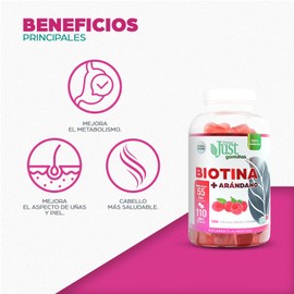 Biotina Premium + Arándano JustBio H 110 gomitas, Sabor Frambuesa.