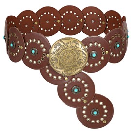 XZQTIVE Western Leather Belts for Woman Concho Cowgirl Cowboy Disc Belt for Ladies Wide Boho Country Waist Belts for Dress, bronze buckle, Brown, 125cm