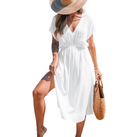 CUPSHE Women's Cover Up V Neck Midi Dress Short Sleeves Beachwear Casual Coverups Striped Summer Light Solid White, M