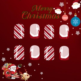 Christmas Press on Nails Short Square Fake Nails Santa Hat False Nails with Design Red French Glitter Glossy Glue on Nails Winter Xmas Full Cover Acrylic Nails Stick on Nails for Women Girls 24Pcs