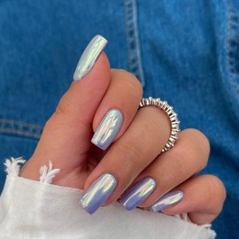 Light Blue Chrome Square Press on Nails Medium Short,KQueenest Mirror Metal False Acrylic Nails Press Ons,Metallic Fake Nails,Glue on Nails Medium,UV Cover Stick on Nails for Women in 24 PCS