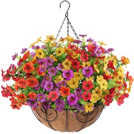 Artificial Flowers for Outdoors with Hanging Basket for Summer Spring Decoration,Fake Silk Flowers for Outside,UV Resistant with 12 Pcs Daisy Flowers for Front Porch Gard Yard Home Decor (Multicolor)