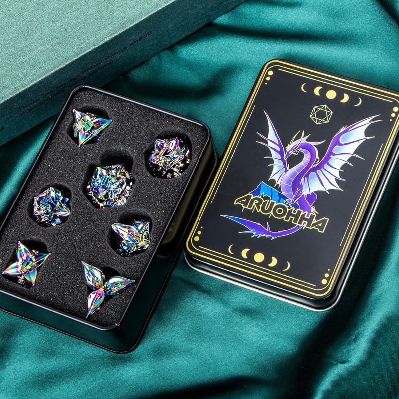 ARUOHHA DDN Metal Dice Set Rainbow D&D Dice Box, 7PCS