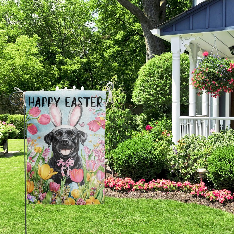 Black Labrador Dog Garden Flag 12x18 Inch, Happy Easter Cute