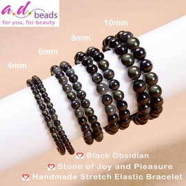 AD Beads Handmade Gemstone Stretch Elastic Bracelet Crystal Healing Reiki Nature's Beauty and Spiritual Essence Unisex (4mm, Black Obsidian (Pleasure))