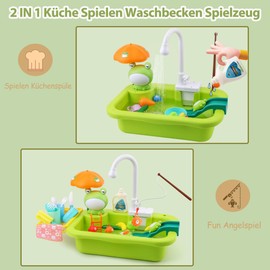 Play Sink with Running Water, Kitchen Toys with Play Food, Floating Pool Fishing Toys for Water Play, Kids Role Play Dishwasher Toy for Boys and Girls(Green)