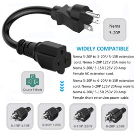 12AWG Heavy Duty Extender Plug Adapter, 20 Amp to 15 Amp Extension Cord, Nema 5-20P Plug Cable, Nema 5-20P to 5-20R/15R/ 6-15R/ 20R 20 AMP T-Blade Adapter Cable, 125V 15A to 20A 250V Power Cord, 1FT