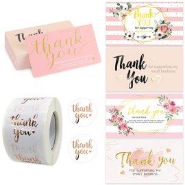 750 Pcs Thank You For Your Order Greeting Card Set, 250 Gold Foil Mini Recognition Cards with 500 Thank You Stickers, Thank You Business Greeting Cards for Retail Stores, Birthday Anniversary
