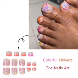 Spring Summer Flower Press on Toenails Colorful French Tip Fake Toenails Matte Short Square Toe Nails Full Cover Toe Nails for Women
