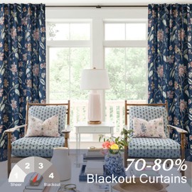 Decorative 70% Black Out Printed Curtains for Bedroom Windows 63 Inch Length,Custom Designer Blue Floral Unique Maximalist Darkening Blackout Drapes 63 Inch Long 2 Panels Set for Living Room