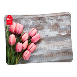 Place Mat Set - Rose Red Tulips - Pack of 12 Made in Germany, 44 x 32 cm Made of Special Natural Paper in Storage Folder - The Special Table Decoration for Spring, Easter and Flowers