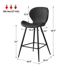 KithKasa Counter Height Bar Stools Set of 2 with Back, Mid Century Modern PU Leather 26" Kitchen Island Barstools with Metal Legs for Dining Room Kitchen Counter Pub Grey