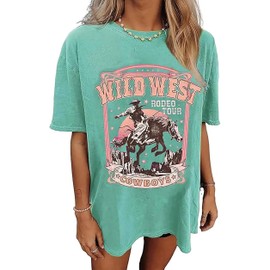 Oversized Western Cowboy Graphic Tees for Women Vintage Country Music Shirts Cowgirl Casual Short Sleeve Tops(Green,X-Large