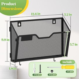 YINGHUA 6 Pack Mesh File Holders Wall Mounted - Durable Metal Hanging Organizer with Hooks - 12.6 Inch Vertical Wall Baskets for Mail Papers Office Home and School Storage - Black