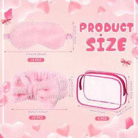 Hoteam 36 Pcs Sleepover Party Supplies for Girls 12 Spa Headband 12 Plush Sleep Eye Mask 12 Clear Cosmetic Bags Makeup Headband for Washing Face Pink Eye Mask Bulk for Christmas Spa Party Favors