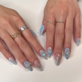 MouyouGlow Press on Nails Short, Almond Shimmer Baby Blue Glitter 3D Bow Stars Heart Charm Gems Coquette Fake Nails with Nail Glue, Korean Artificial Fingernails