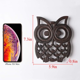 Cast Iron Owl Pot Trivet - Decorative Metal Owl Trivets for Hot Dishes Kitchen Counter or Dining Table Vintage, Rustic, Artisan Design - with Rubber Pegs TQGJPT50
