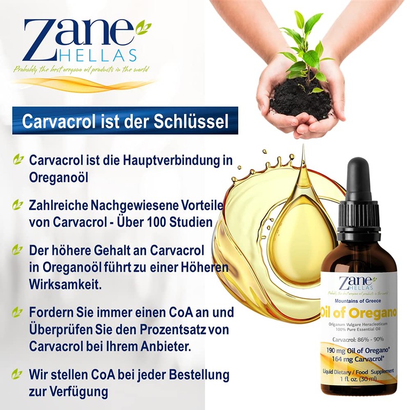 Zane Hellas 100% Greek Oregano Essential Oil Minimum 86% Carvacrol