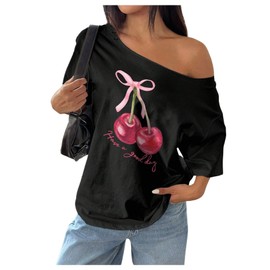 RoseSeek Women's Off The Shoulder Tops Floral Graphic Oversized Tshirts Shirts Y2k Summer Tops Trendy Cherry Black M