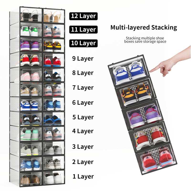 12 Pack Shoe Storage Bins, Clear Plastic Stackable Shoe Organizer
