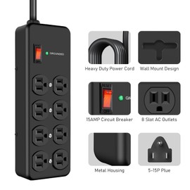 HEZI 8 Outlet Heavy Duty Power Strip, 15Amp Metal Mountable Surge Protector (2700J), Industrial Wall Mount Power Strip for Home, Office, Garage & Workshop, 15FT 14AWG Extension Cord