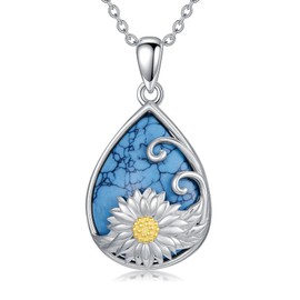 Zeltryn Genuine Turquoise Sunflower Leaf Pattern Pendant Necklace 925 Sterling Silver Jewelry for Women