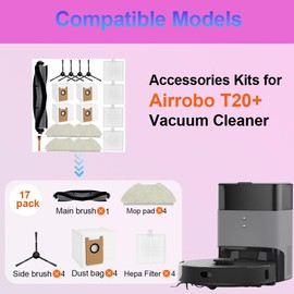 Accessories Compatible with Airrobo t20+ Robot Vacuum Cleaner, Replacement Parts Including 1 Main Brush, 4 HEPA Filter, 4 Side Brushes, 4 Mop Pad, 4 Dust Bags