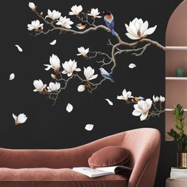 SHUCHING White Magnolia Tree Wall Decals Peel and Stick, Trees Flowers Wall Decor Stickers, White Branches Corner Wall Art(Right 2, Red Label)