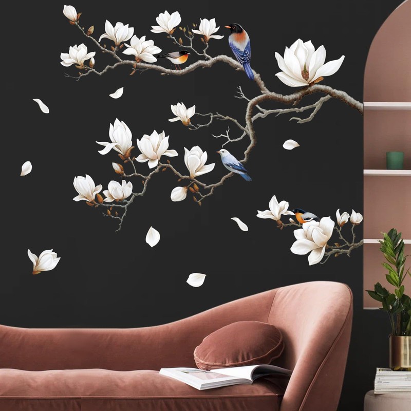 SHUCHING White Magnolia Tree Wall Decals Peel and Stick, Trees