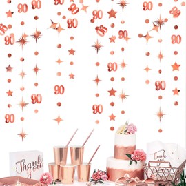Rose Gold 90th Birthday Decorations Number 90 Circle Dot Twinkle Star Garland Metallic Hanging Streamer Banner Background for Her Dirty 90th Birthday 90 Years Party Supplies