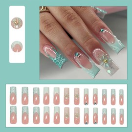 24Pcs French Tip Press on Nails Summer Coffin Fake Nails Artificial Mint Green False Nails Full Cover 3D Flower Fake Nail Glue on Nail for Women with Glitter Design Removable Long Square Acrylic Nail