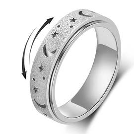 AmorArtSky Spinner Ring for Women: Anxiety Ring for Women Men, Titanium Stainless Steel Spinner Ring, 5 Colors, 6MM, Size 6, Fidget Ring, Moon Star, Hollow Outer-Silver