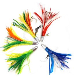 Qty 5 Mix Colors Fish WOW! 4.5" Bullet Super Hex Jet Head Feather Rig with a Double Hook Trolling Rigged